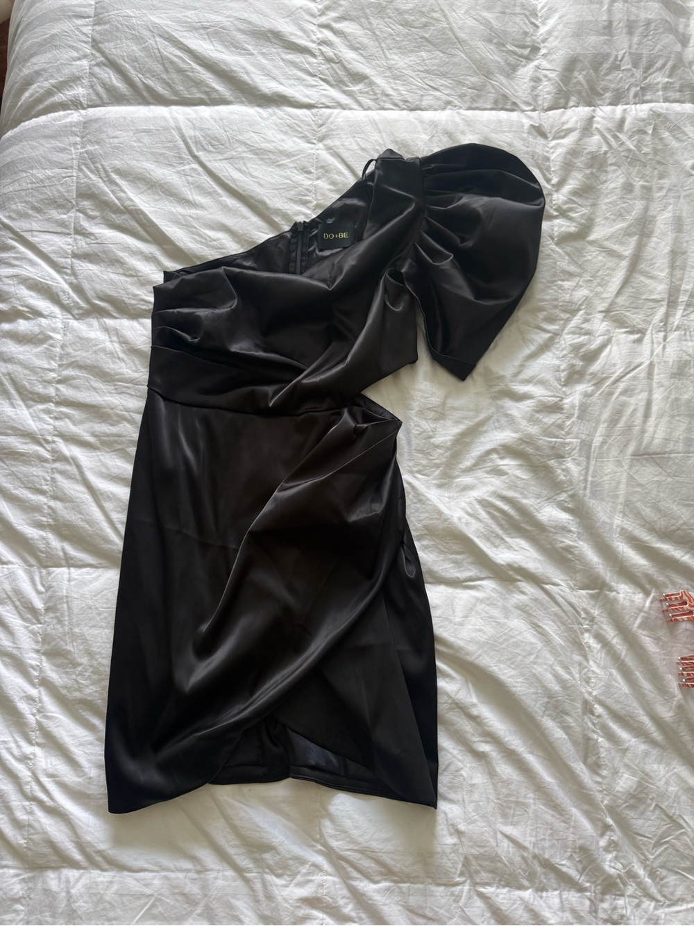 One-Shoulder Black Satin Dress with Statement Puff Sleeve
